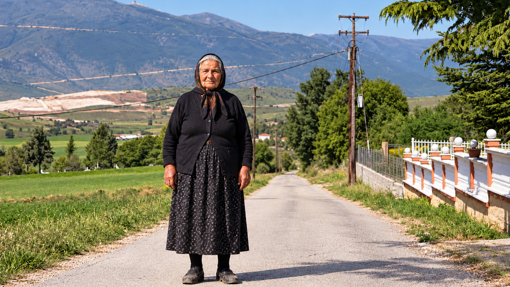 Εικαστική σύνθεση με ηλικιωμένη γυναίκα σε επαρχιακό δρόμο. Η εικόνα αποτελεί εικονογράφηση του θέματος.