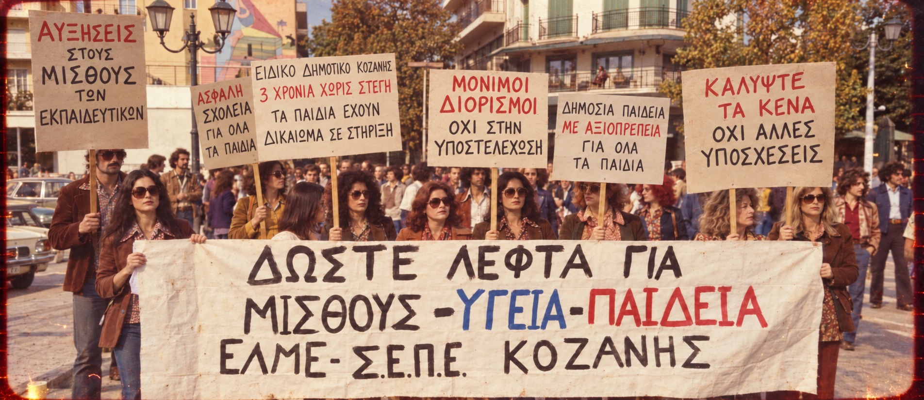 Ρετρό εικαστική εικόνα από συγκέντρωση εκπαιδευτικών στην Κοζάνη με καθαρά, ευανάγνωστα μηνύματα στα πλακάτ